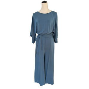 Garnet Hill Kimono Sleeve Jumpsuit Womens XS Blue Wide Leg Elastic Waist Cropped